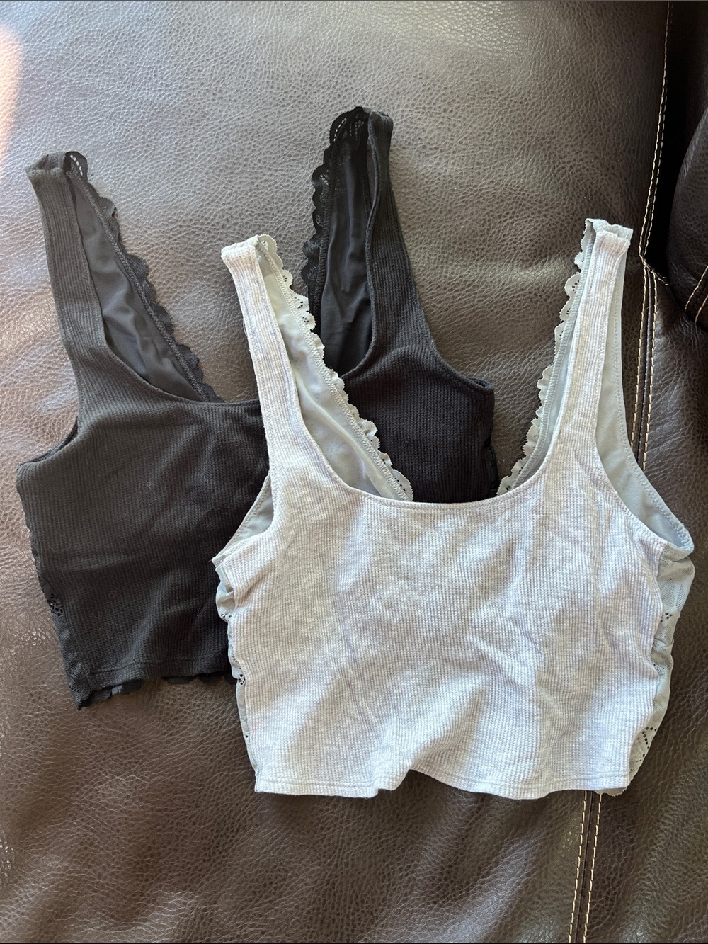 Aerie Lace-Trim Ribbed Crop Tank Tops - Black & Light Gray
